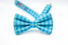 Load image into Gallery viewer, aqua blue gingham print bow tie