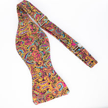 Load image into Gallery viewer, colorful bold paisley on black self tie bow tie