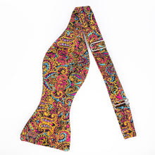 Load image into Gallery viewer, colorful bold paisley on black self tie bow tie