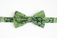 Load image into Gallery viewer, emerald green + gold paisley bow tie