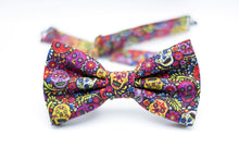 Load image into Gallery viewer, colorful mini sugar skulls bow tie