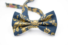 Load image into Gallery viewer, navy blue and metallic gold floral bow tie