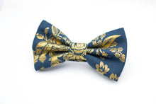 Load image into Gallery viewer, navy blue and metallic gold floral bow tie
