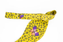 Load image into Gallery viewer, yellow cheetah print + purple butterflies self tie bow tie