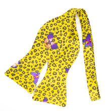 Load image into Gallery viewer, yellow cheetah print + purple butterflies self tie bow tie