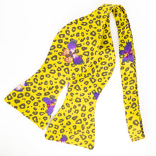 Load image into Gallery viewer, yellow cheetah print + purple butterflies self tie bow tie