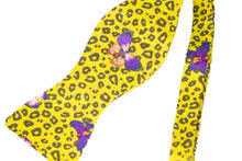 Load image into Gallery viewer, yellow cheetah print + purple butterflies self tie bow tie