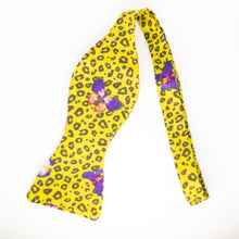 Load image into Gallery viewer, yellow cheetah print + purple butterflies self tie bow tie