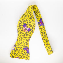 Load image into Gallery viewer, yellow cheetah print + purple butterflies self tie bow tie