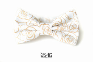 gold roses on white bow tie