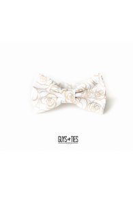 gold roses on white bow tie