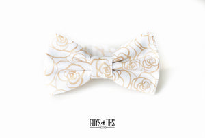 gold roses on white bow tie