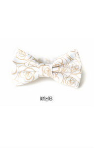 gold roses on white bow tie