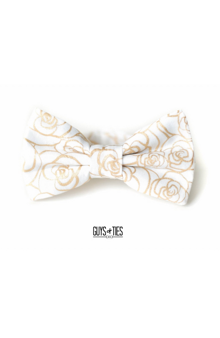 gold roses on white bow tie