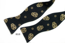 Load image into Gallery viewer, black gold bow tie self tie in sugar skull design