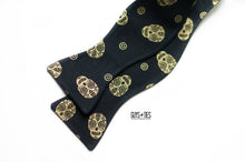 Load image into Gallery viewer, black gold bow tie self tie in sugar skull design