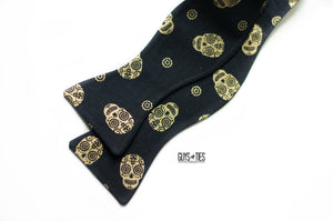 black gold bow tie self tie in sugar skull design