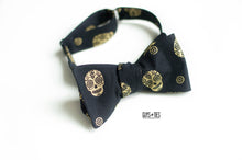 Load image into Gallery viewer, black gold bow tie self tie in sugar skull design