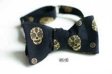 Load image into Gallery viewer, black gold bow tie self tie in sugar skull design