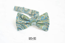 Load image into Gallery viewer, olive green + dusty blue paisley bow tie