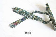 Load image into Gallery viewer, olive green + dusty blue paisley bow tie