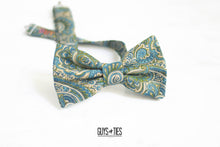 Load image into Gallery viewer, olive green + dusty blue paisley bow tie