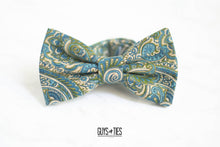 Load image into Gallery viewer, olive green + dusty blue paisley bow tie