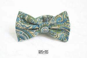 olive green + dusty blue paisley bow tie