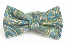 Load image into Gallery viewer, olive green + dusty blue paisley bow tie