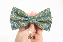 Load image into Gallery viewer, olive green + dusty blue paisley bow tie