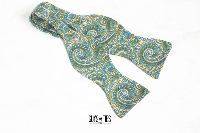 green + blue paisley self tie bow tie