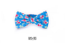 Load image into Gallery viewer, bright blue + red tiny floral bow tie