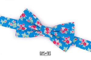 bright blue + red tiny floral bow tie