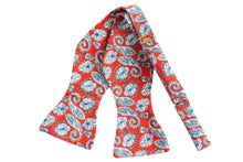 Load image into Gallery viewer, bright red paisley self tie bow tie