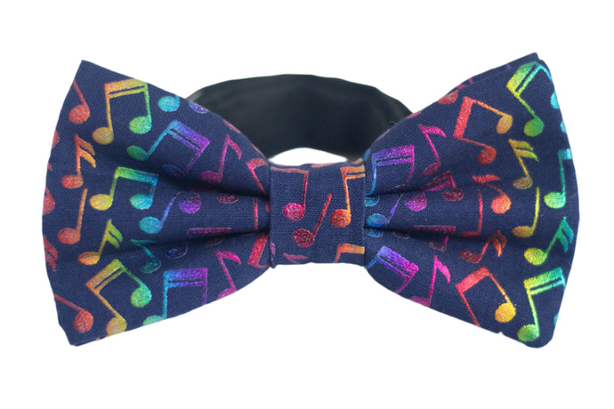 navy blue bow tie with colorful music notes