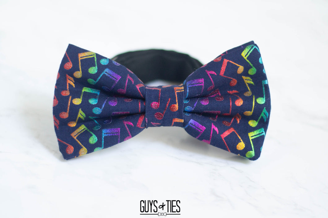 navy blue bow tie with colorful music notes