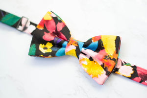 vibrant floral on black bow tie