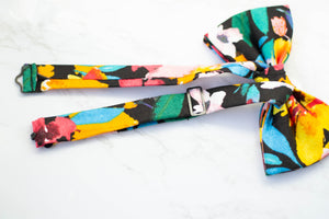 vibrant floral on black bow tie