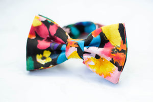 vibrant floral on black bow tie