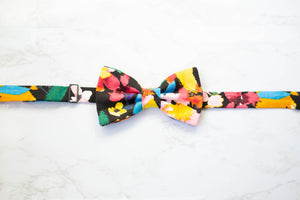 vibrant floral on black bow tie