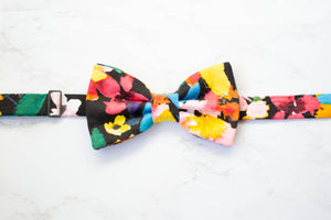 vibrant floral on black bow tie