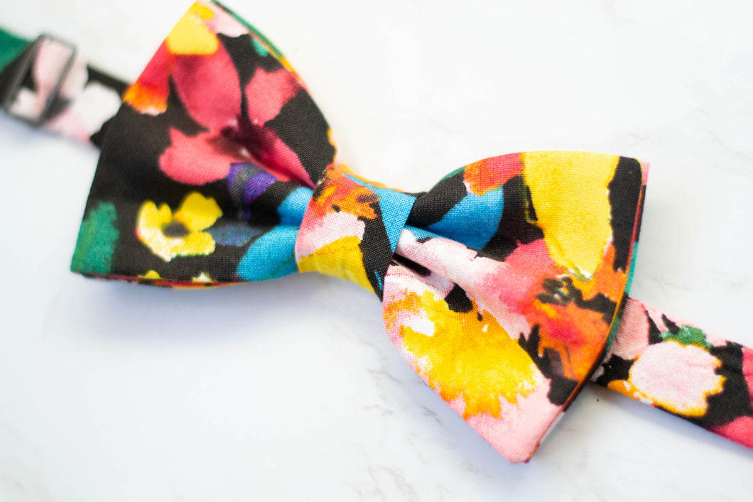 vibrant floral on black bow tie