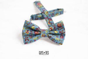 vintage slate blue mini floral bow tie