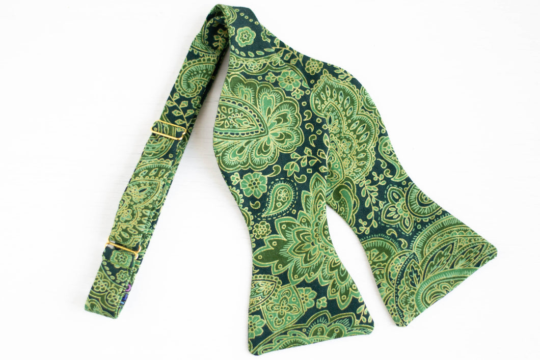 emerald green paisley self tie bow tie