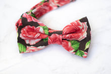 Load image into Gallery viewer, red roses on black bow tie