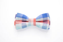 Load image into Gallery viewer, seersucker aqua blue + coral dog bow tie
