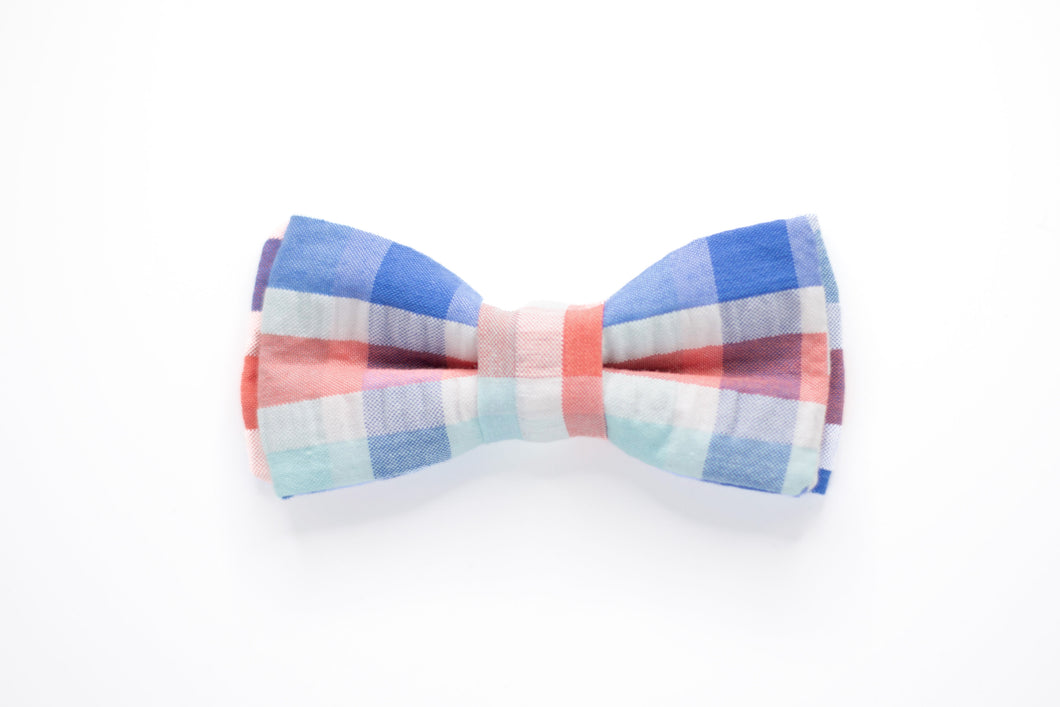 seersucker aqua blue + coral dog bow tie