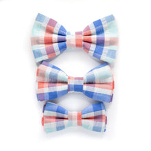 Load image into Gallery viewer, seersucker aqua blue + coral dog bow tie