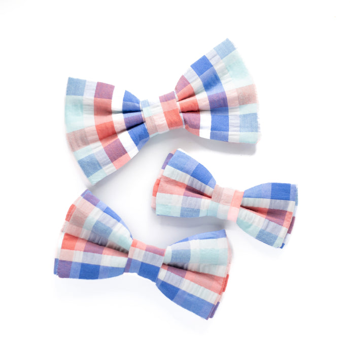 seersucker aqua blue + coral dog bow tie