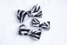 Load image into Gallery viewer, black + white zebra stripes dog bow tie